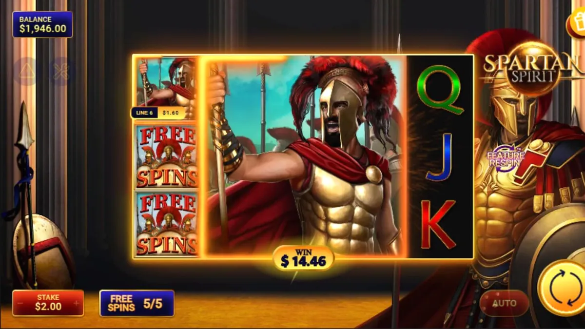 Guerreiro espartano em frente a um templo grego clássico no slot Spartan Spirit