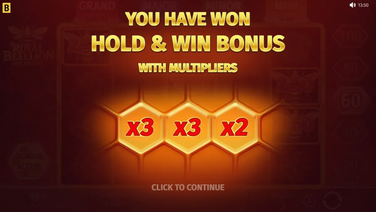 Royal Beellion Hold & Win slot com tema de colmeia dourada