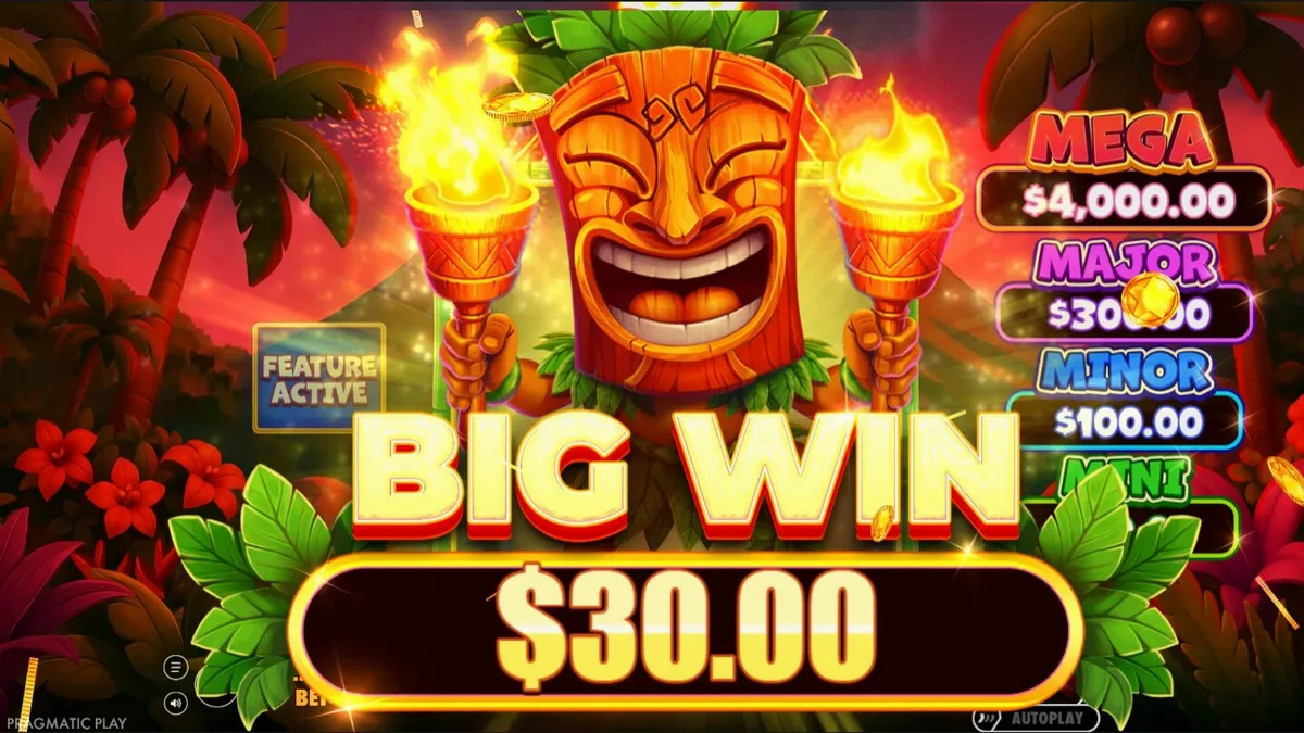 Interface do jogo de slot Super Tiki Strike com tema tropical